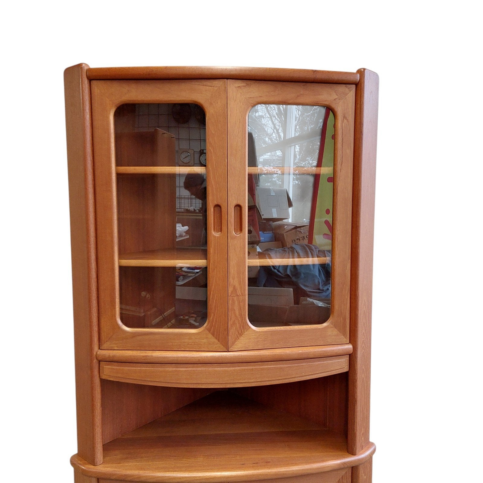 Vintage deense hoekkast, hoek vitrine met verlichting, Huis en Inrichting, Ophalen, Gebruikt, Onbekend, Onbekend