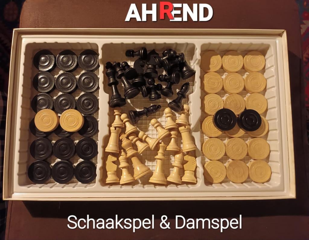 Schaak en damspel set Compleet met bord en stukken, Een of twee spelers, Verzenden, Gebruikt, AH Rend