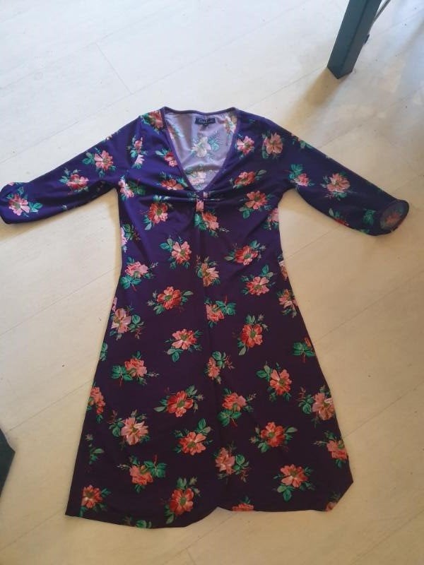 Zgan! prachtige paarse jurk met bloemen van King Louie mt M!, Maat 38/40 (M), Verzenden, Paars, Zo goed als nieuw