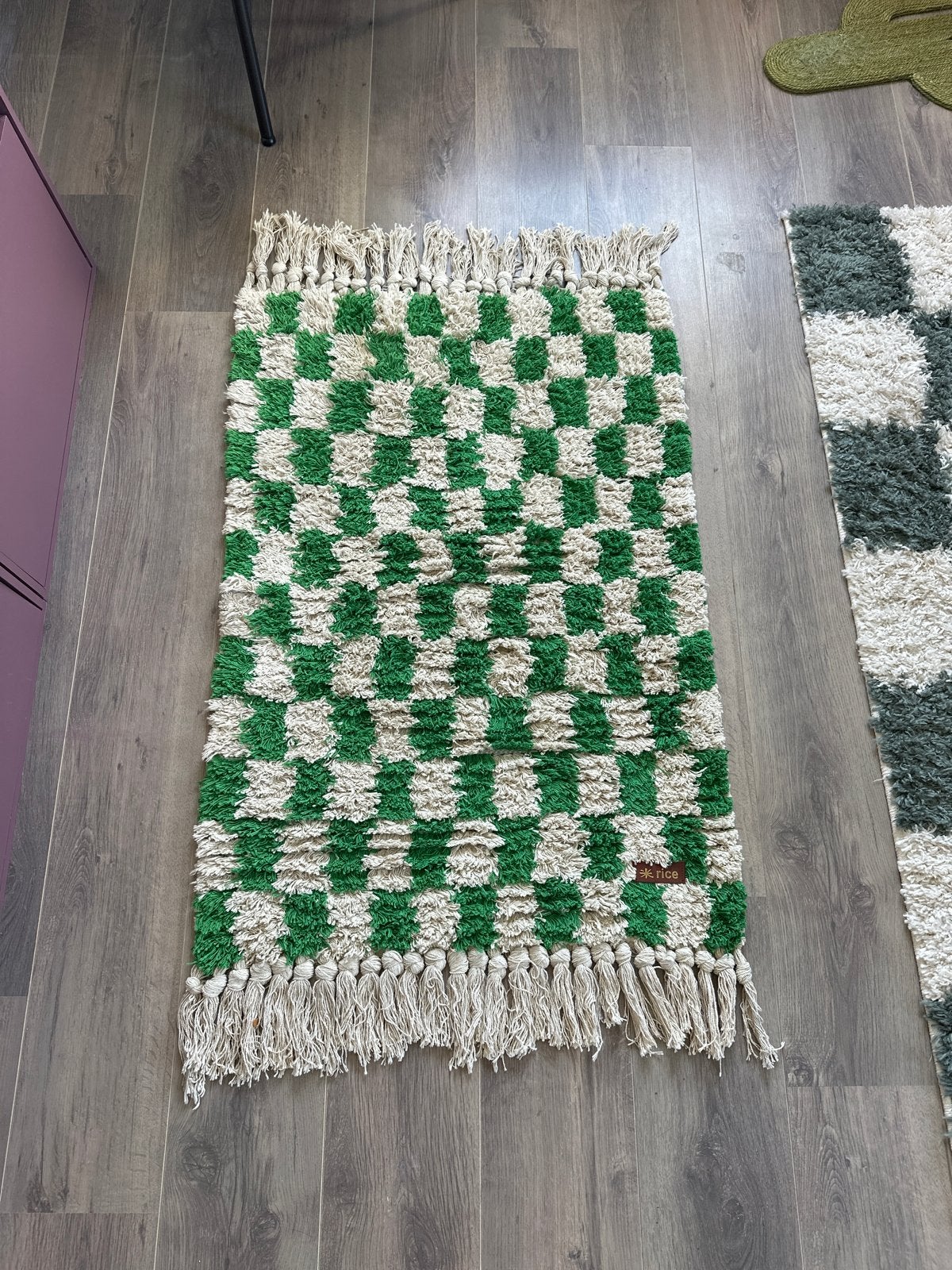Rice vloerkleed groen/crème geblokt, Ophalen, 100 tot 150 cm, 50 tot 100 cm, Zo goed als nieuw