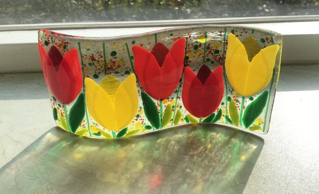 Glaswave tulp klaproos landschap glasfusing, Meerkleurig, Overige materialen, Overige stijlen, Nieuw