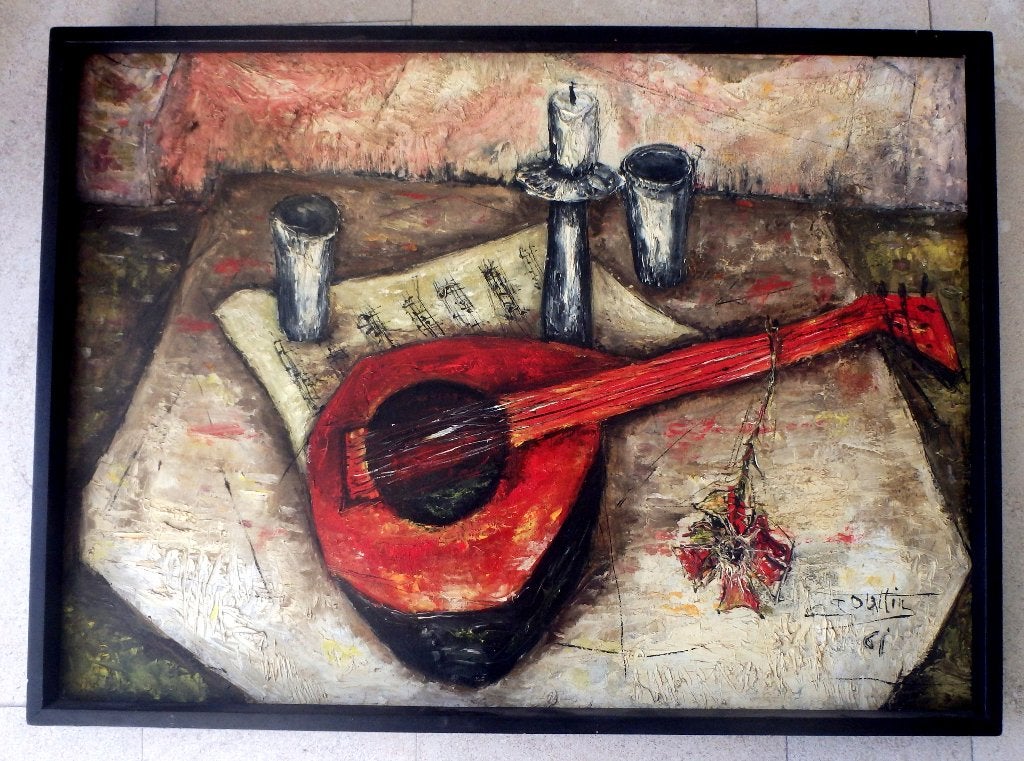 Mature morte Musicale 1961 - ges. Joullin ?, Antiek en Kunst, Kunst | Schilderijen | Klassiek, Ophalen, Overige ondergronden, Stilleven