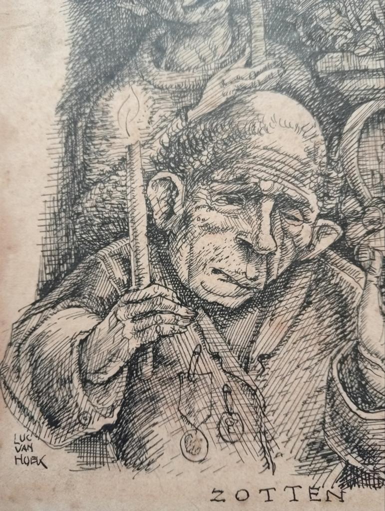 Luc van Hoek pentekening 'De Zotten van Geel', Ophalen of Verzenden
