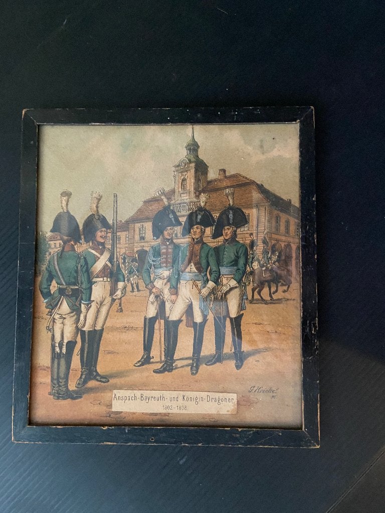 Dragoner 1802 Bayreuth und Königin 1808 litho-schilderijtje., Ophalen of Verzenden, Landmacht, Duitsland, Kunstobject
