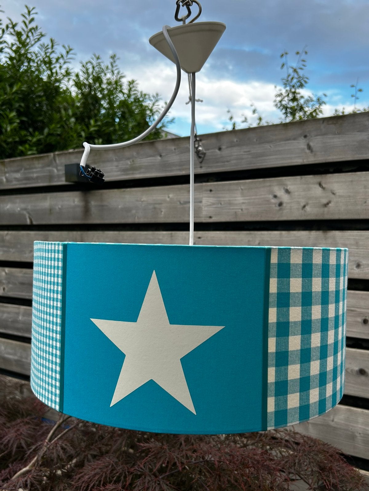 Hanglamp turqoise/wit, Ophalen, Zo goed als nieuw, Textiel, E27 (groot)