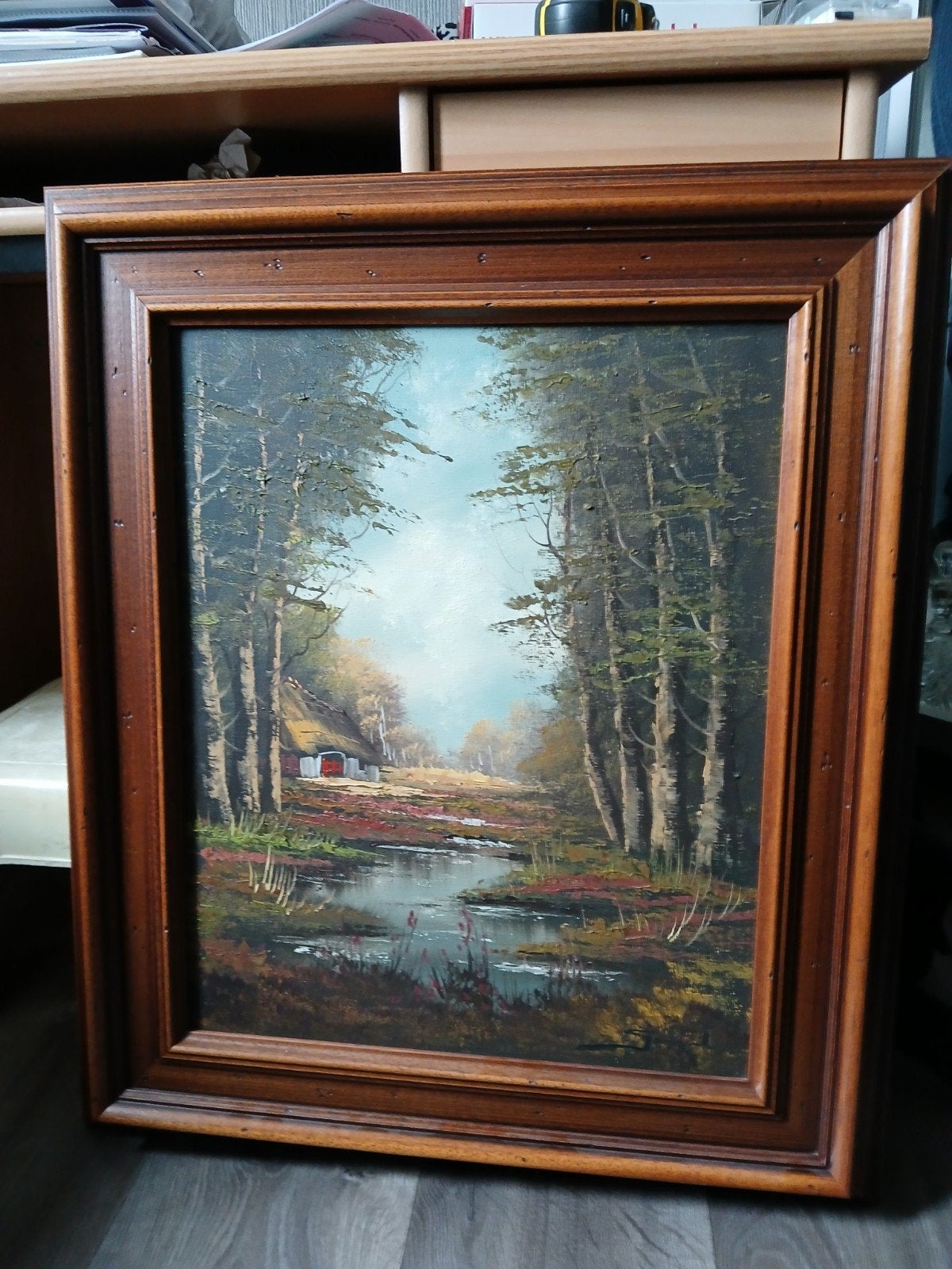 Schilderij met boslandschap en huisje, gesigneerd, Antiek en Kunst, Ophalen