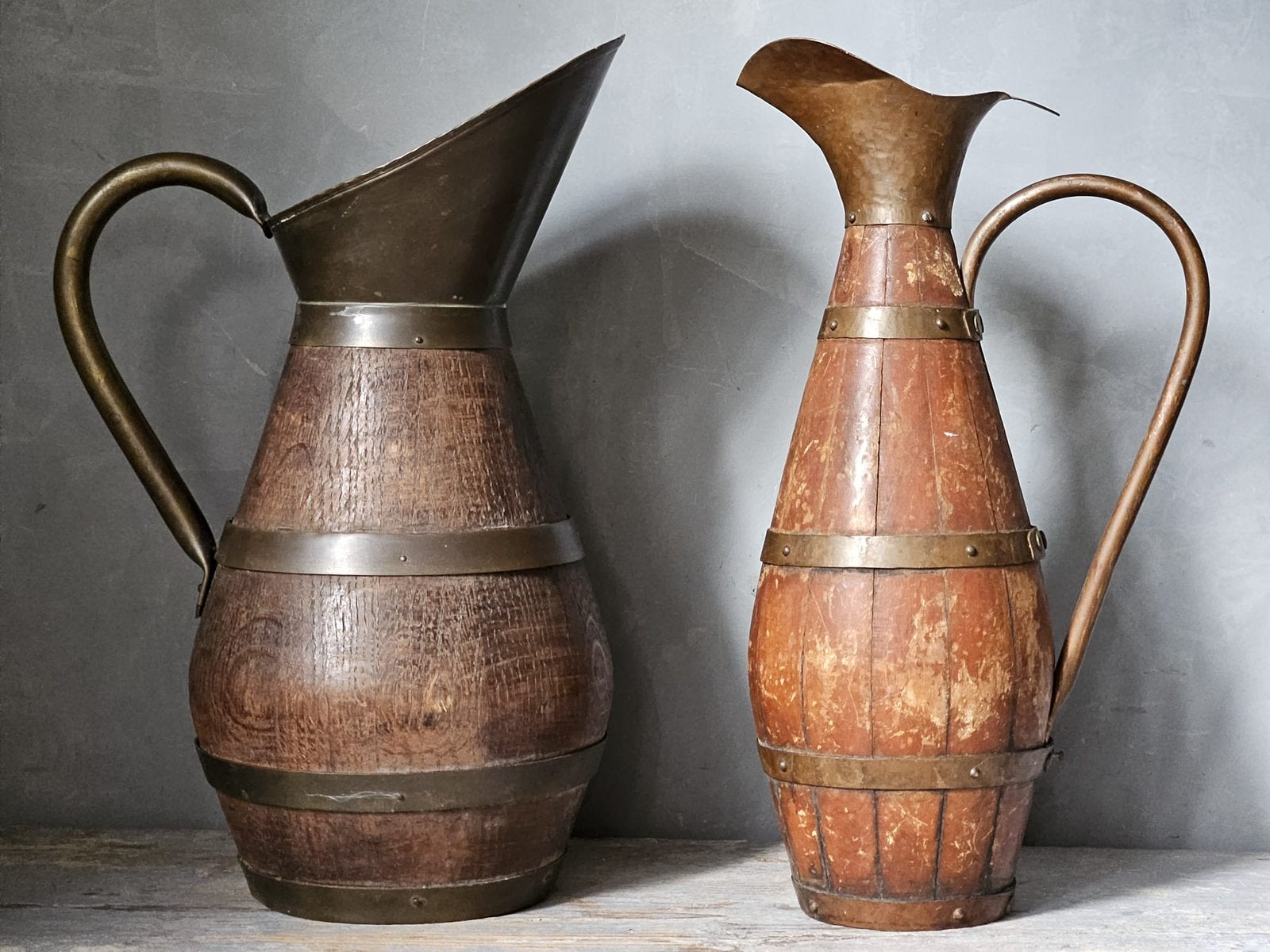 2 antieke franse houten wijnkan / ciderkan ( pichets), Verzenden, Koper