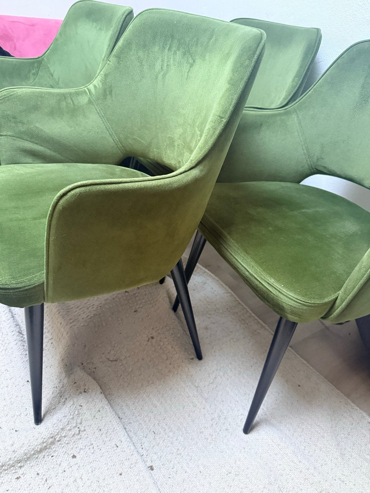 Set van 4 groene fluwelen eetkamerstoelen, Ophalen, Gebruikt, Overige kleuren, Vier