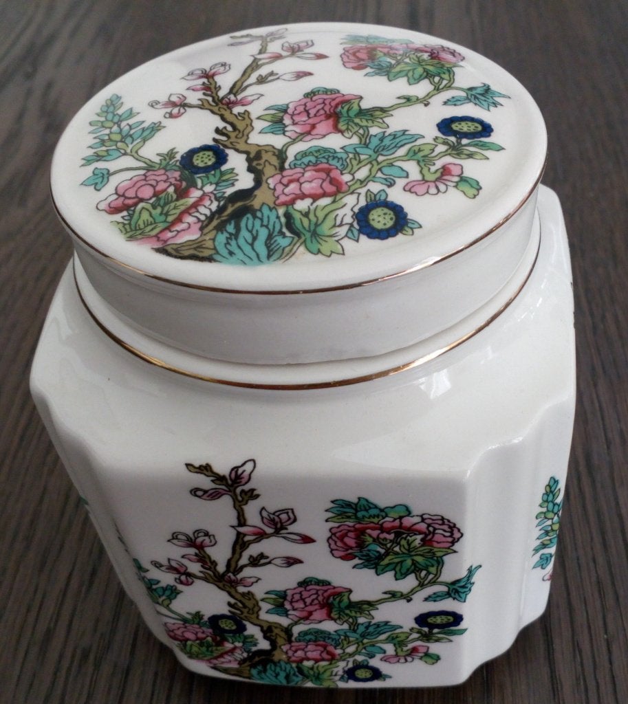 Achthoekige voorraad pot of Theebusmet bloemmotief, Overige merken, Overige typen, Vintage, Ophalen of Verzenden