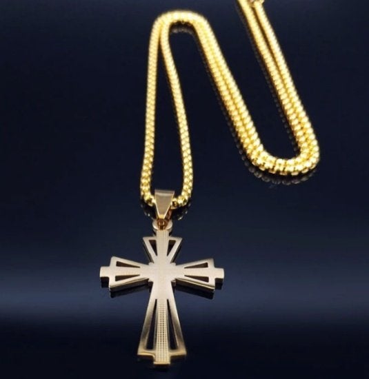 Grote stalen kruis met ketting, Overige materialen, Nieuw, Ophalen of Verzenden, Kruis of Symbool