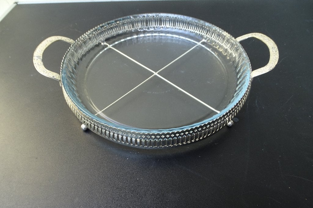 Quiche/taart schaal met verzilverde houder, Schaal, Rond, Ophalen of Verzenden, Glas