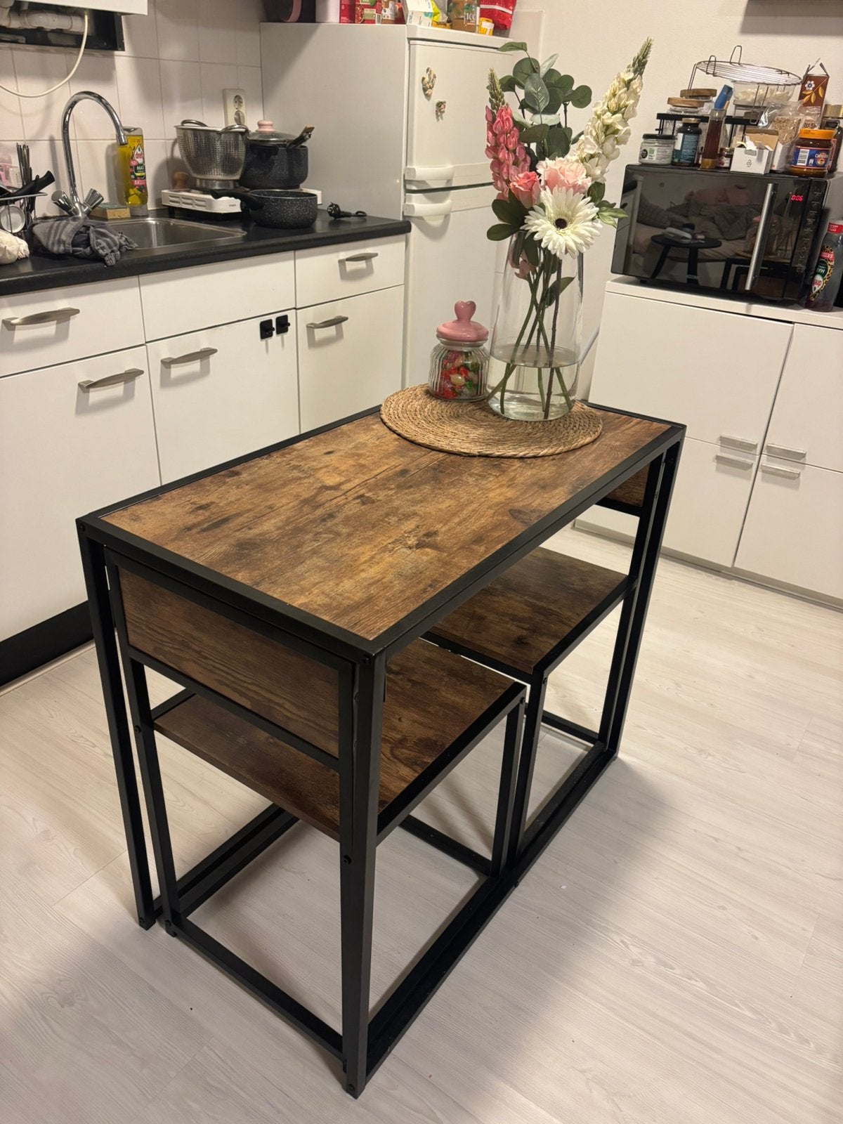 3-delige eettafel - bartafel - keukentafel set, Ophalen, Zo goed als nieuw, 25 tot 50 cm, Rechthoekig