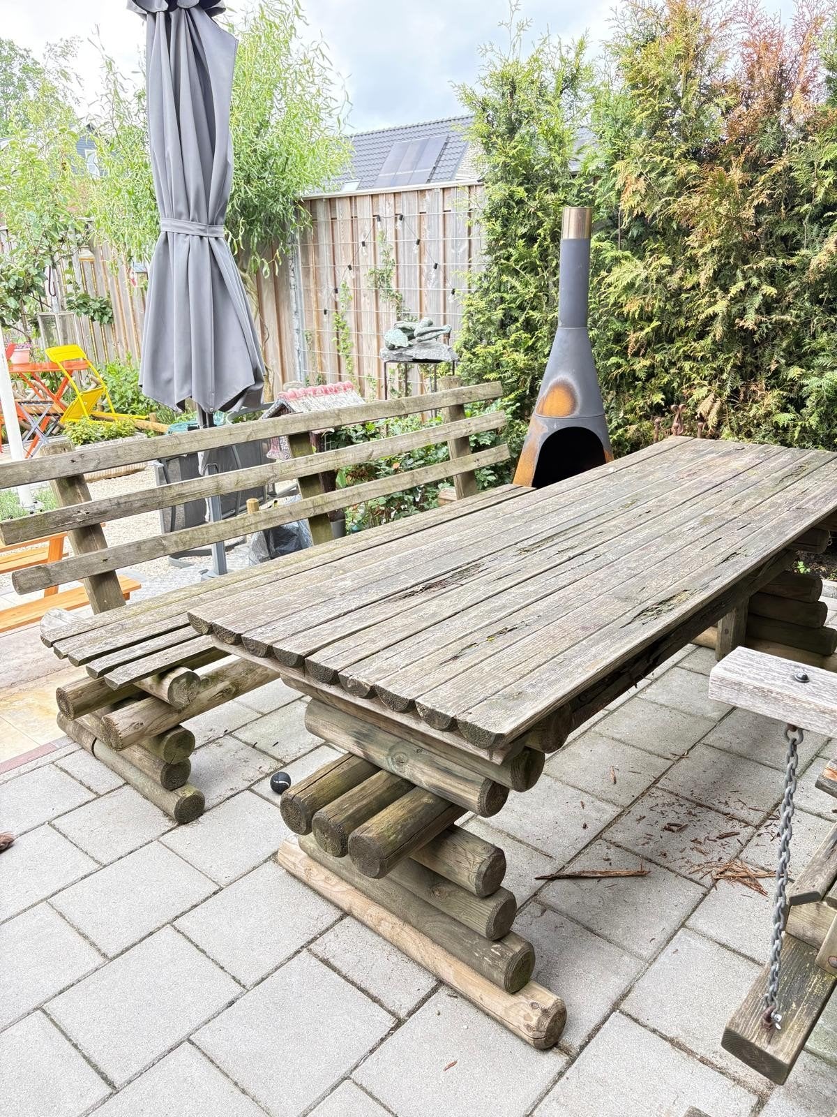 Massieve houten tuintafel met bank (230x80 cm), Ophalen, Gebruikt, Rechthoekig, Hout