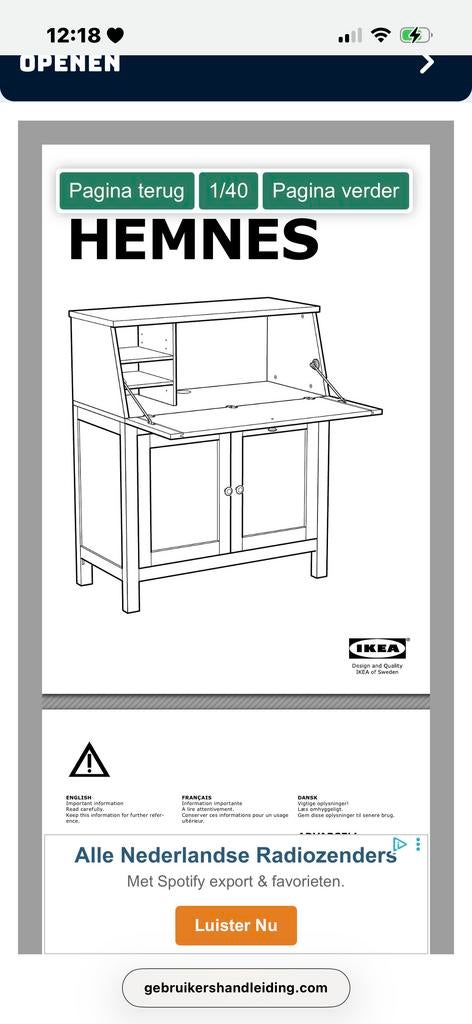 IKEA Hemnes Bureau Secretaire - Wit, Huis en Inrichting, Kasten | Secretaires, Ophalen, Gebruikt