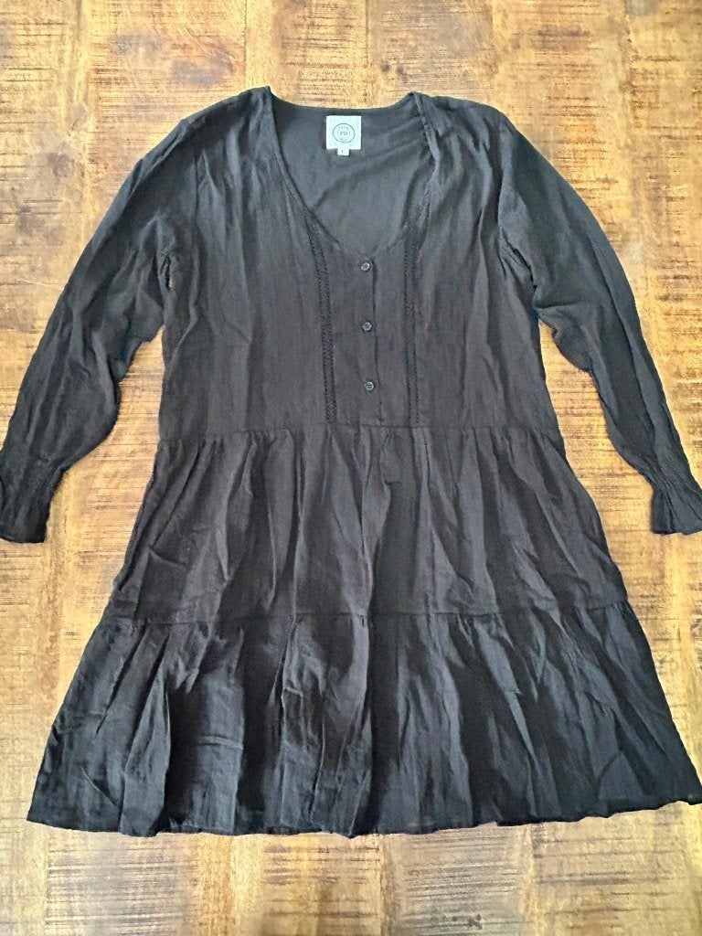 FROM PB zwarte strokenjurk V-hals lange mouw L 40 boho, Maat 38/40 (M), Zwart, Ophalen of Verzenden, Onder de knie