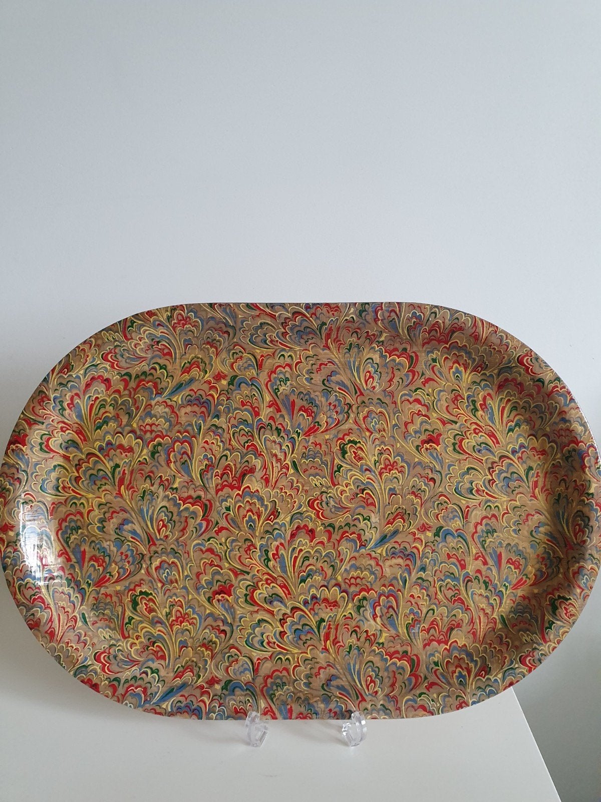 Vintage jaren 60 handgemaakt ovalen dienblad, 40x 27 cm,, Ophalen of Verzenden, Zo goed als nieuw, Rechthoekig, Riet
