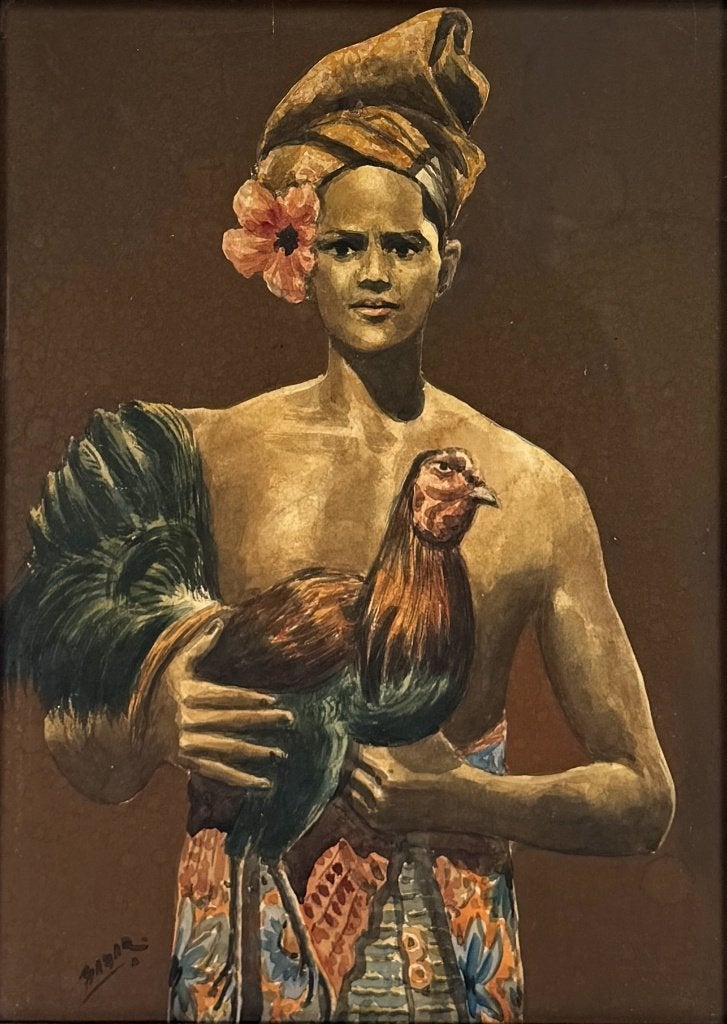 665. Aquarel – Indonesische man met haan, midden 20e eeuw, Antiek en Kunst, Ophalen