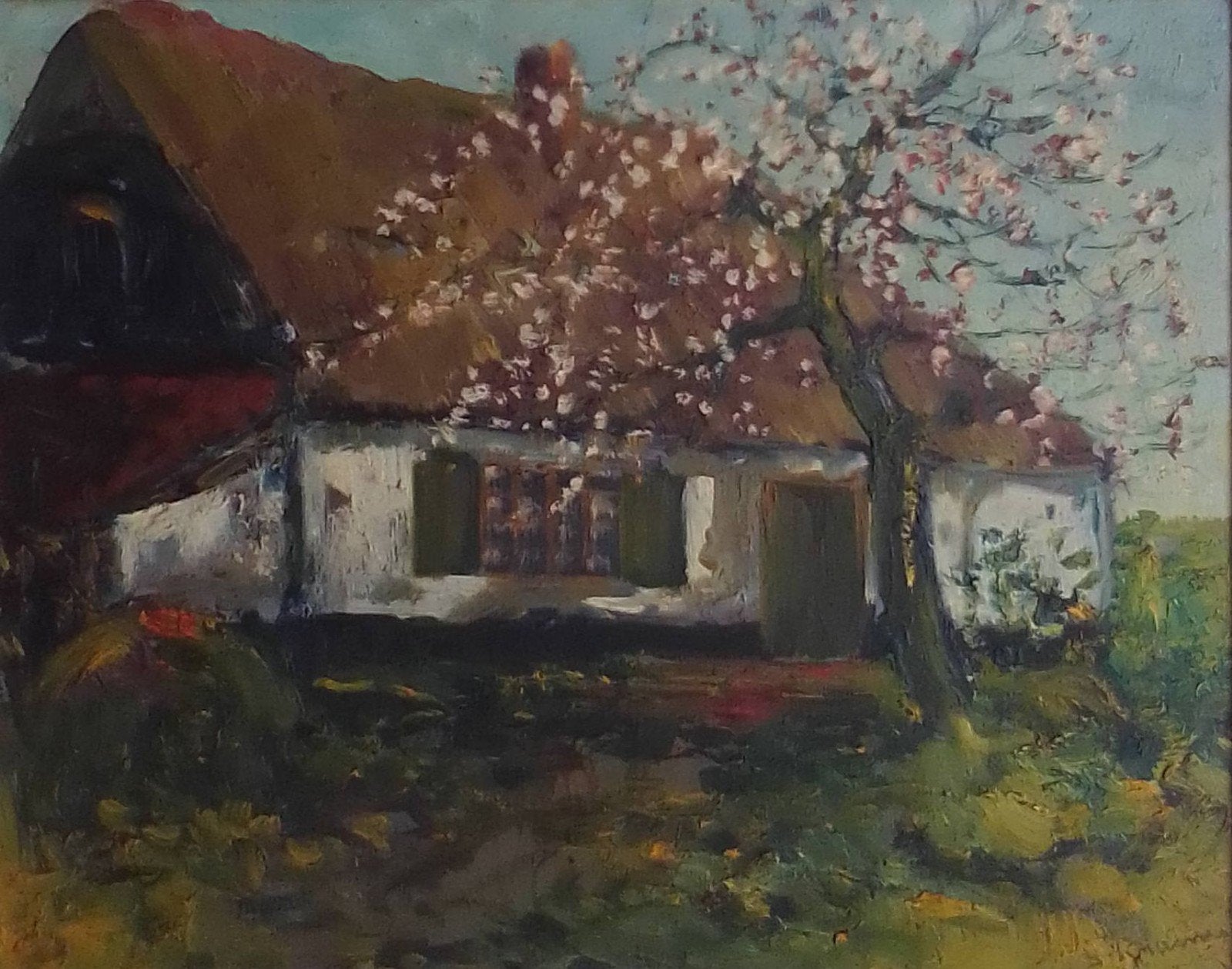 SIMON KRAMER (1940-2015) BLOEIENDE BLOESEMBOOM BIJ BOERDERIJ, Antiek en Kunst, Kunst | Schilderijen | Klassiek, Doek, Impressionistisch