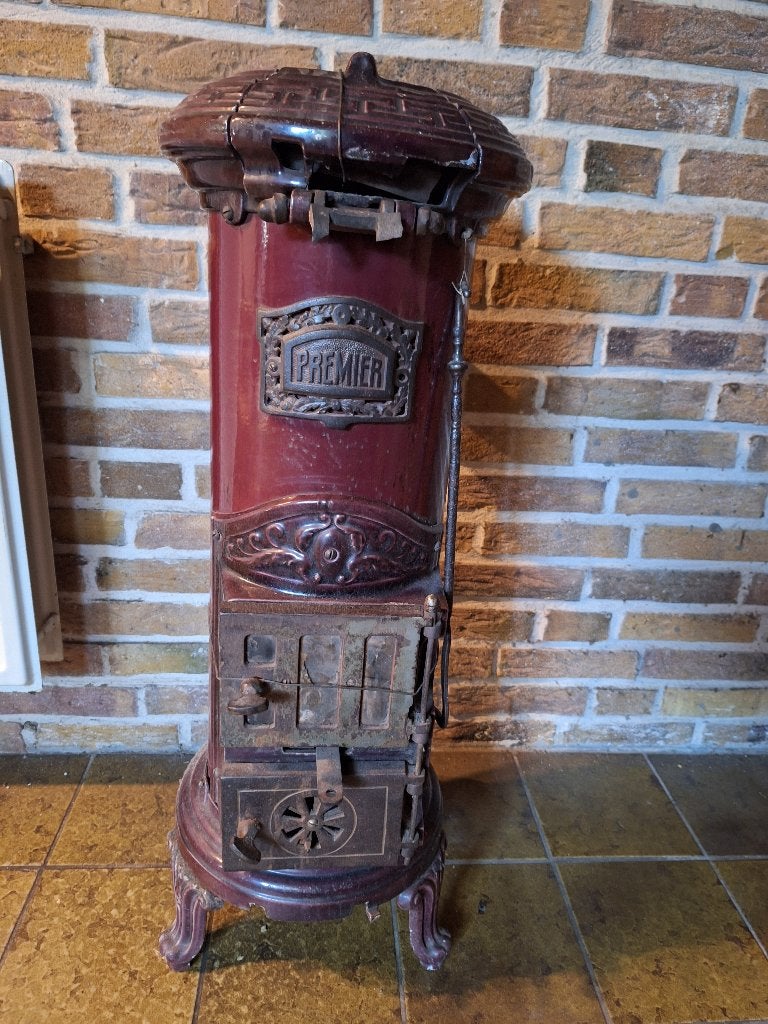 antieke kolenkachel Premier emaille rood - decoratie, Ophalen, Gebruikt, Hout, Kolenkachel