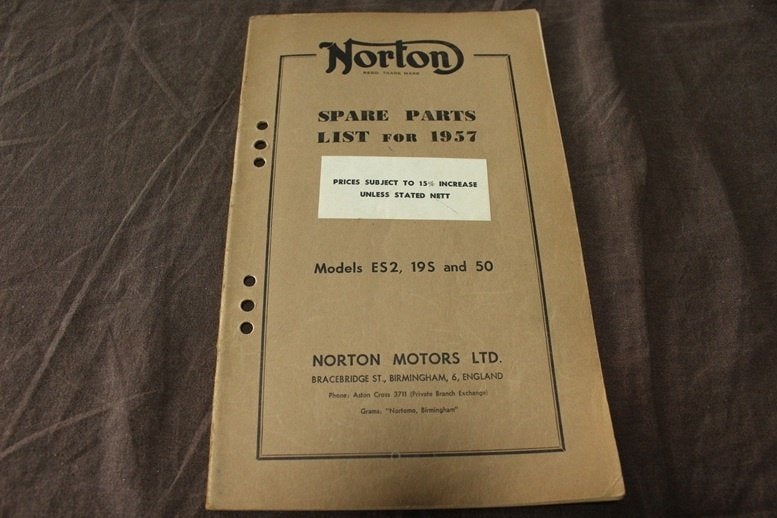 Norton 1957 motorcycle parts list models  ES2 19S & 50, Motoren, Ophalen of Verzenden, Overige merken