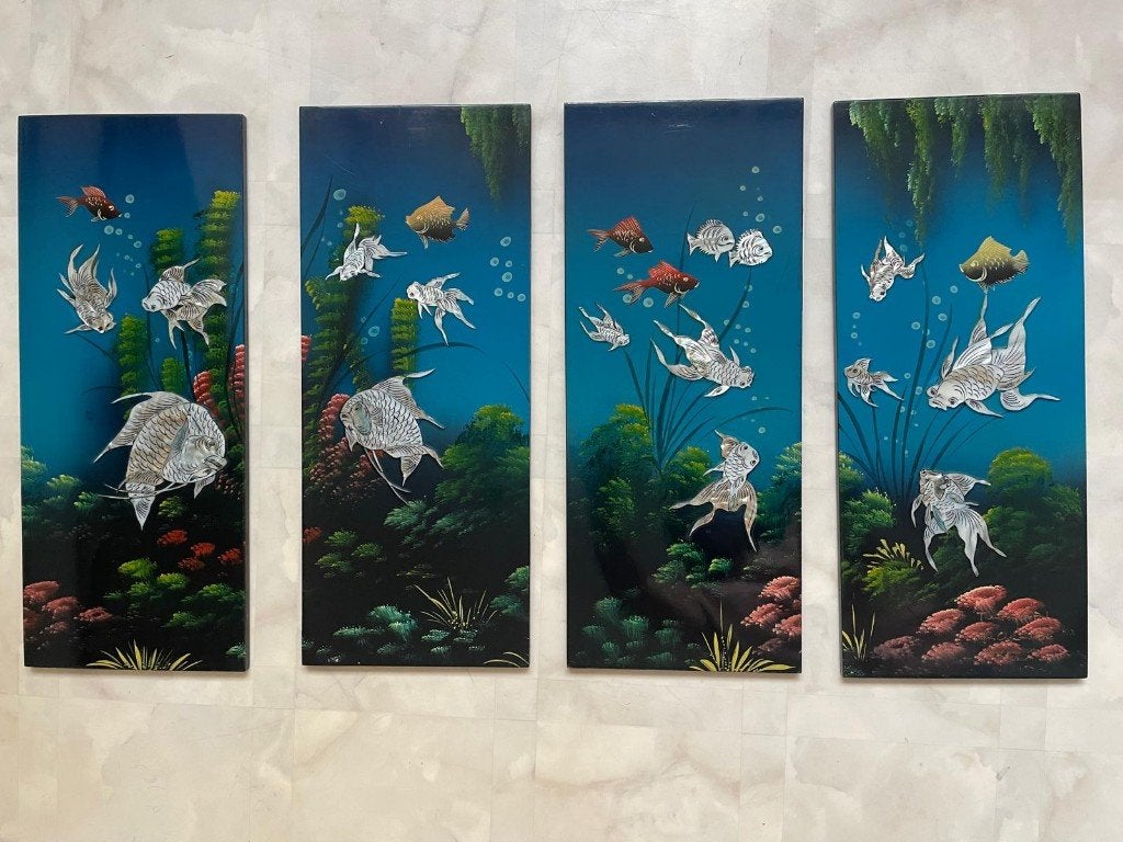 Parelmoer Schilderijen Vierluik Vissen, Huis en Inrichting, Minder dan 50 cm, Gebruikt, Ophalen of Verzenden, Schilderij