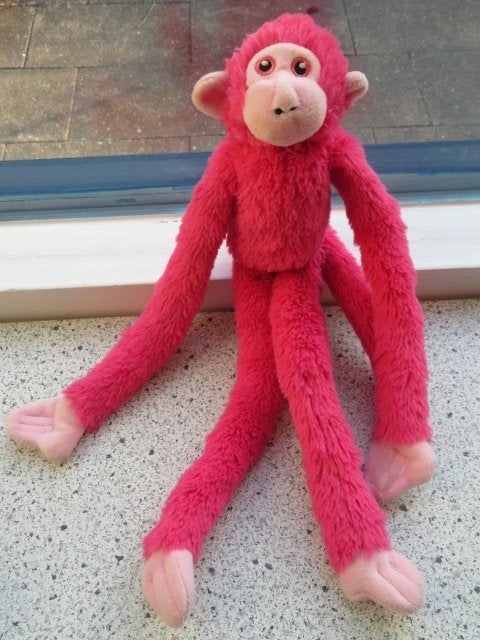 Roze velours aap of aapje van Apenheul of Petjes World, Kinderen en Baby's, Ophalen of Verzenden, Zo goed als nieuw, Middelgroot (20 tot 80 cm)