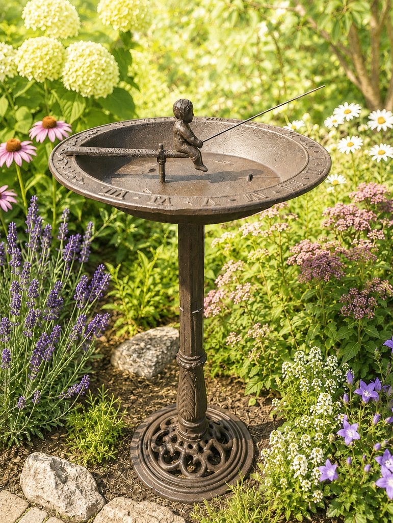 VOGELDRINKSCHAAL MET ZONNEWIJZER / gietijzer, Nieuw, Info@huisentuindecoratiemarie.nl, Huis en tuin decoratie marie, Peize