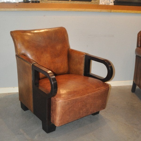Schapenleren Art Deco fauteuil, Gebruikt, Ophalen of Verzenden, 50 tot 75 cm, Leer