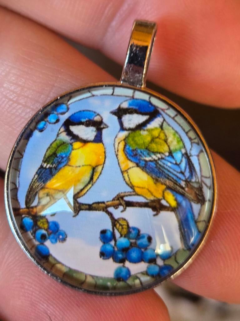 Mooie hanger met twee pimpelmezen, Nieuw, Ophalen of Verzenden, Dier, Glas of Kristal