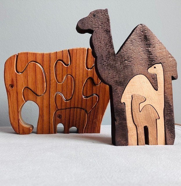 Handgemaakte vintage  houten puzzels Soma olifant kameel, Gebruikt, Ophalen of Verzenden, Van hout, Minder dan 10 stukjes