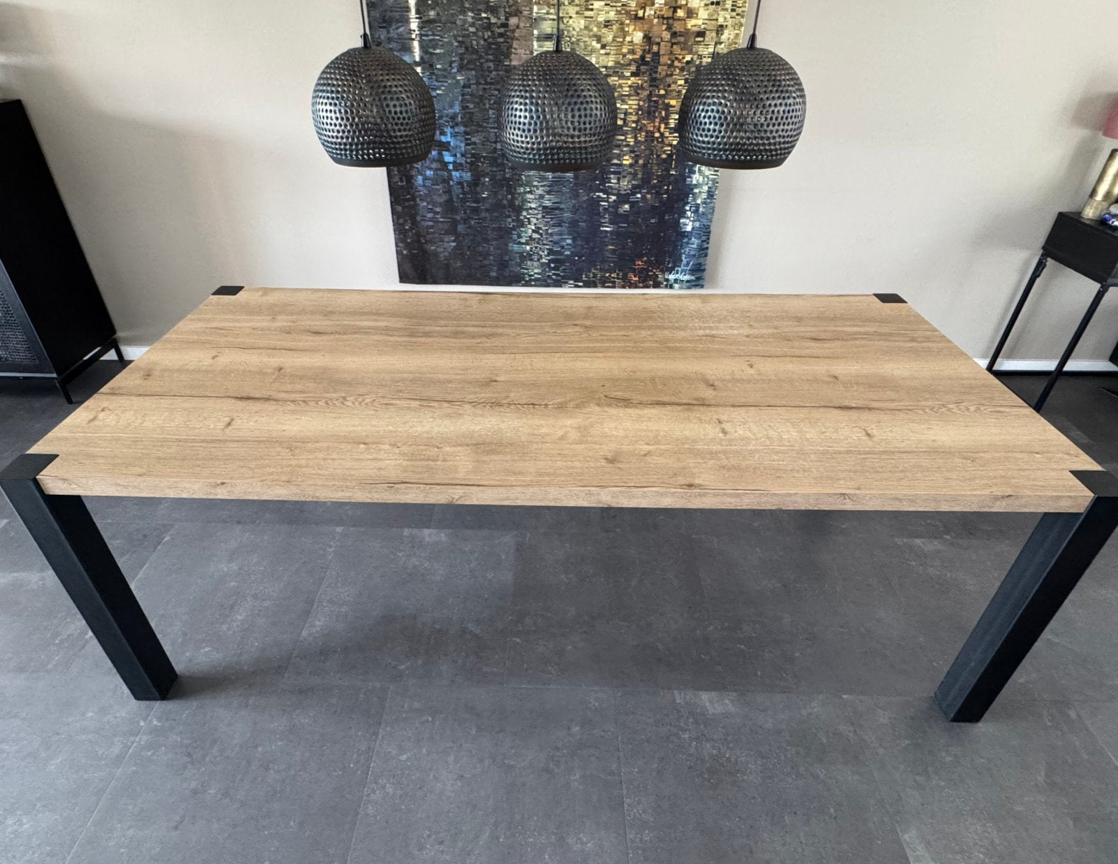 Mooie houtkleurig/zwarte eettafel 100x220, Ophalen, 50 tot 100 cm, Zo goed als nieuw, Vijf personen of meer