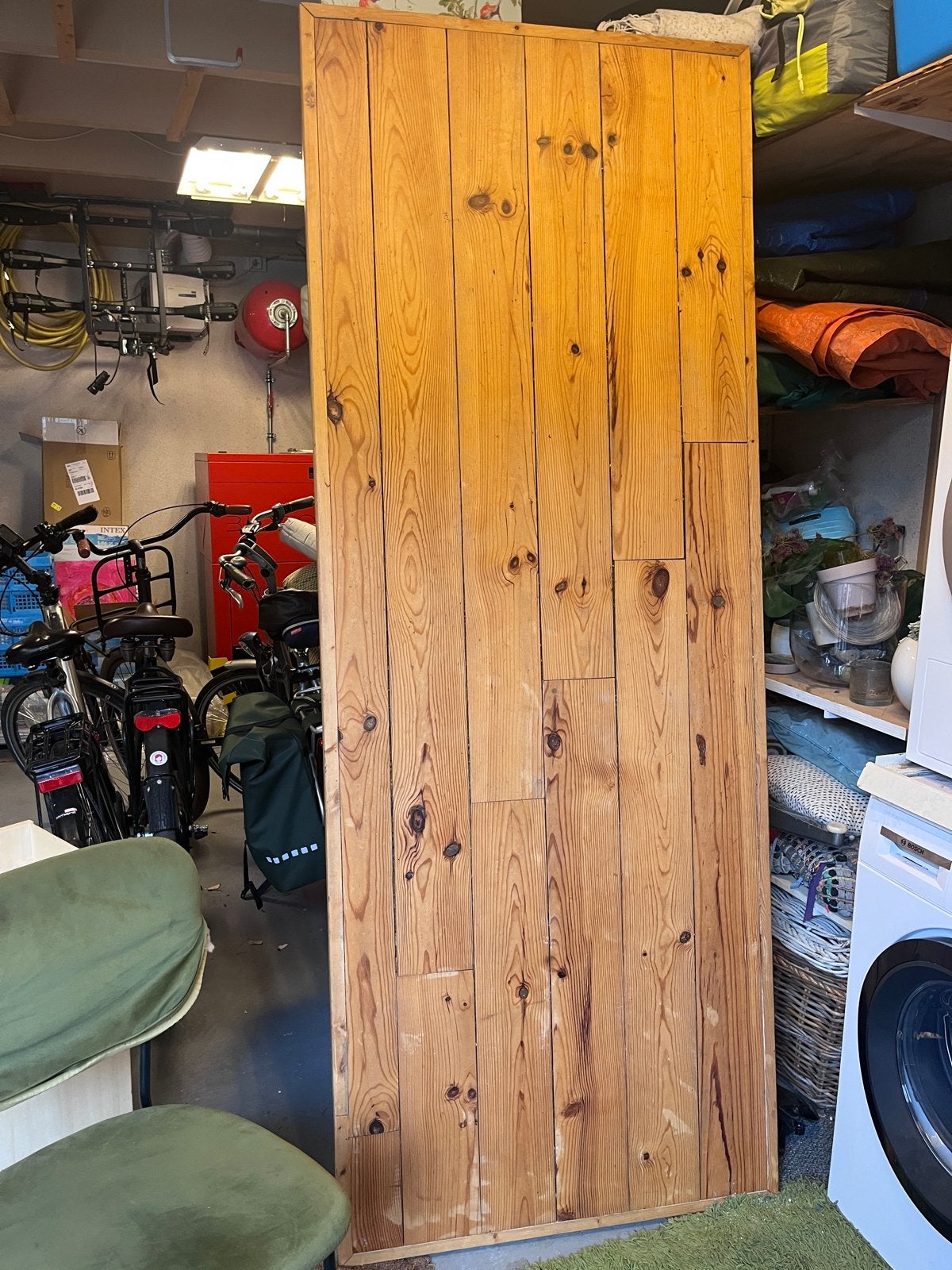 Robuust houten tafelblad met metalen onderstel, Ophalen, Gebruikt, 200 cm of meer, 50 tot 100 cm