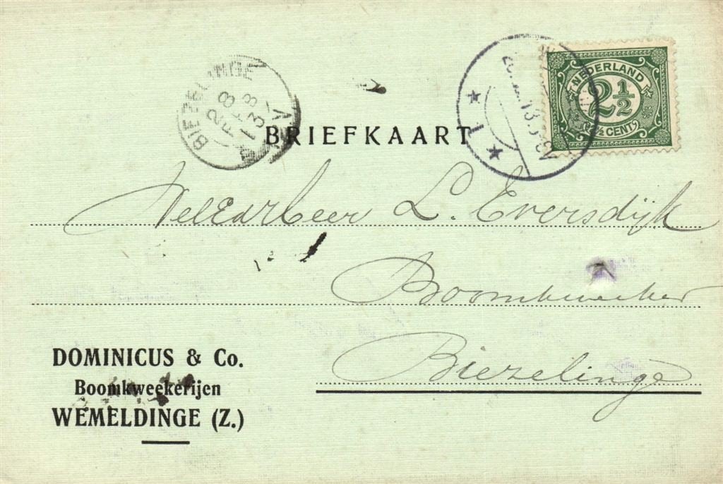 Dominicus + Co., Boomkweekerijen, Wemeldinge - 02.1913 - bri, Ophalen of Verzenden, Briefkaart