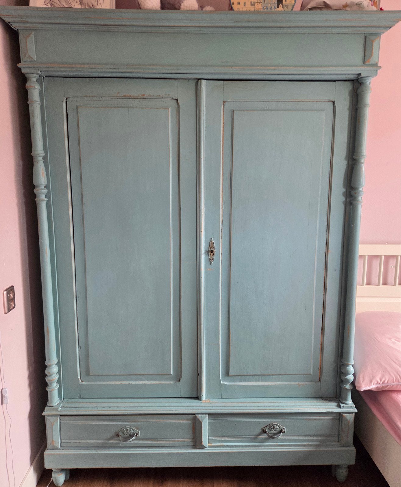 Vintage/brocante/landelijke/antieke blauwe kledingkast, Gebruikt, 200 cm of meer, 150 tot 200 cm, Eikenhout