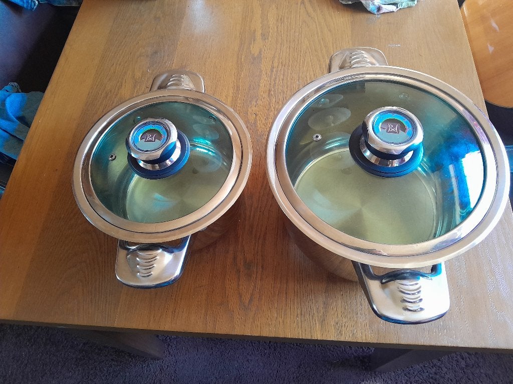 3 RVS pannen met geïntegreerde thermometer zgan, Ophalen of Verzenden, Gebruikt, Rvs, Pannenset