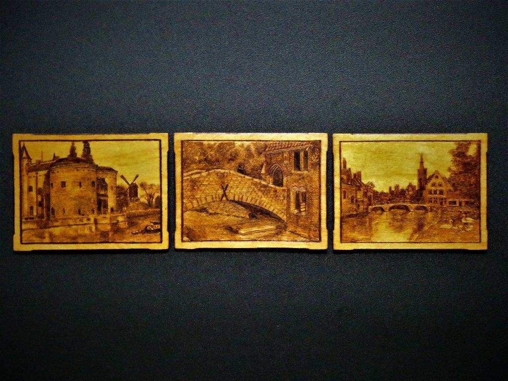 3 Oude pyrografie hout gebrande lijstjes van Brugge België, Ophalen of Verzenden