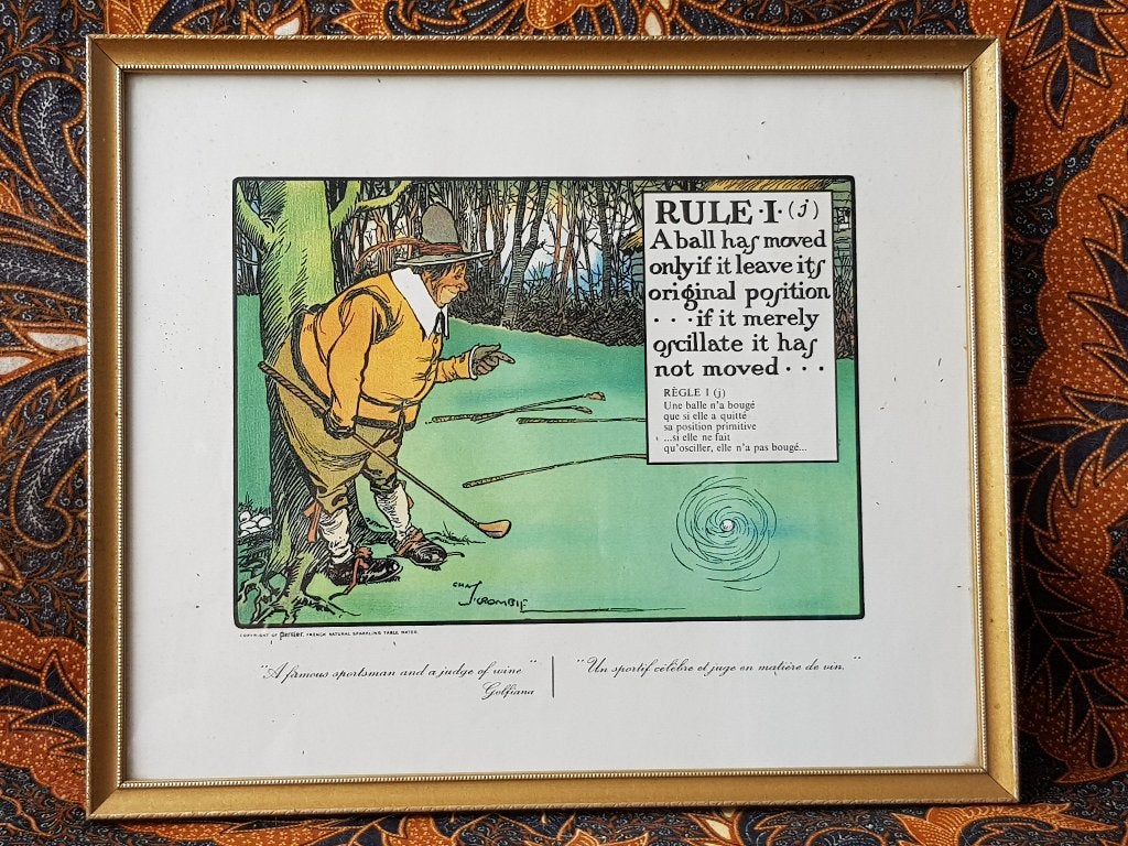 Mooie oude Engelse reclame litho van Perrier met een golfer., Antiek en Kunst, Kunst | Litho's en Zeefdrukken, Lithografie, Ingelijst