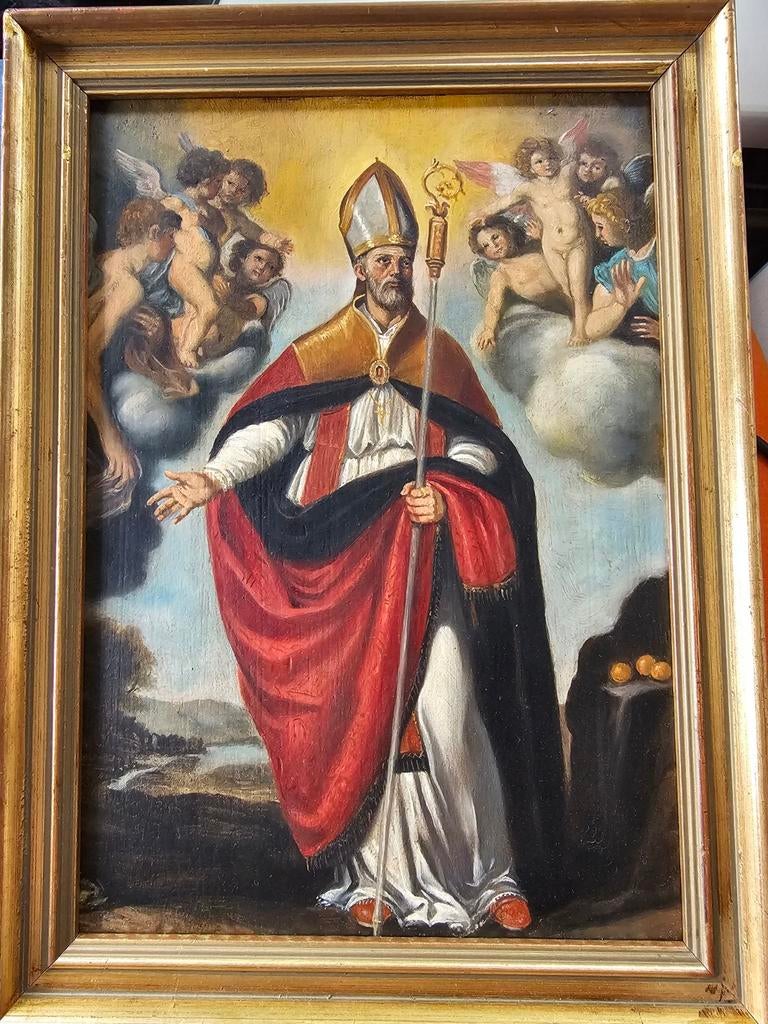 Olieverf op bord: Heilige Nicolaas (Sinterklaas) - 19e eeuw, Antiek en Kunst, Kunst | Schilderijen | Klassiek, Ophalen of Verzenden