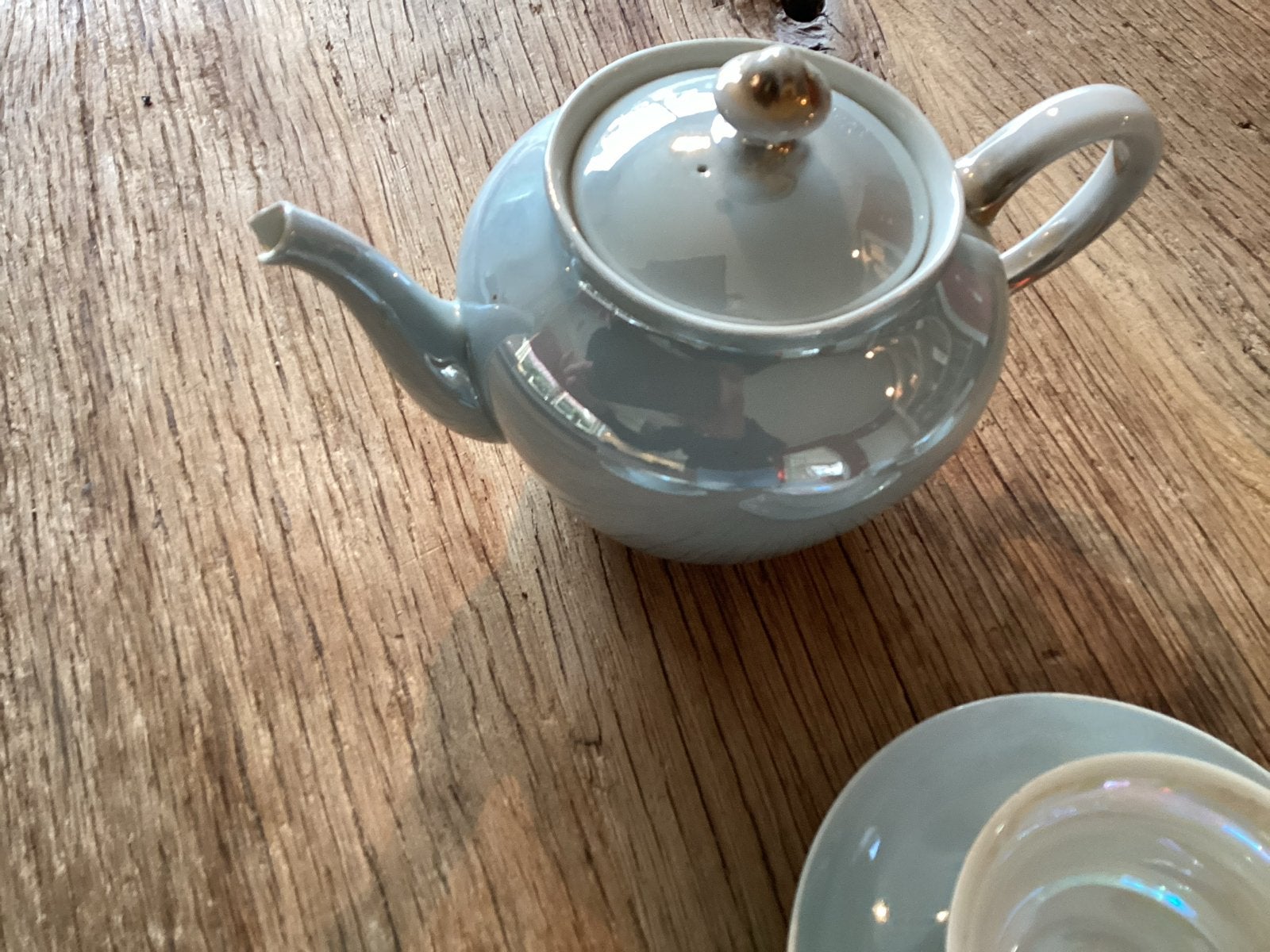 Antieke theeset: theepot met 6 kopjes en schotels, parelmoer, Antiek en Kunst, Ophalen of Verzenden