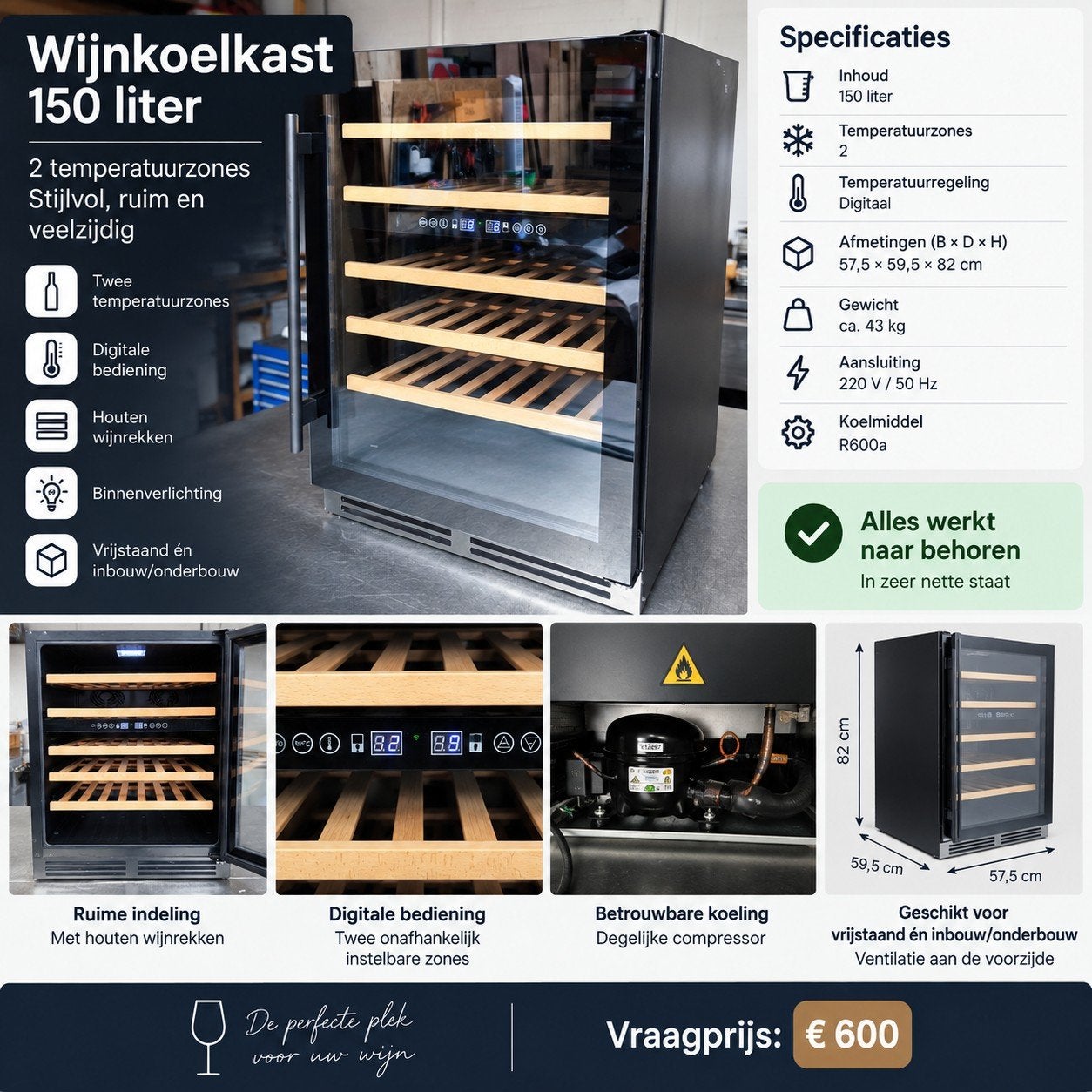 2de hands wijnkoelkast 2 zones – vrijstaand/inbouw, Ophalen, Zonder vriesvak, Minder dan 85 cm