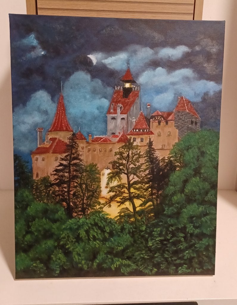 Oil painting "Dracula's Castle", Antiek en Kunst, Kunst | Schilderijen | Klassiek, Realistisch, Overige ondergronden, Ophalen of Verzenden
