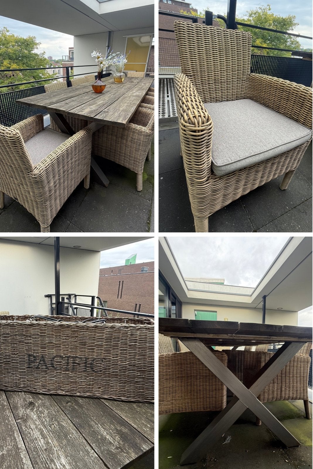 Sfeervolle luxe wicker tuinset voor 8 pers - incl kussens, Gebruikt, Eettafel, Ophalen of Verzenden, 8 zitplaatsen