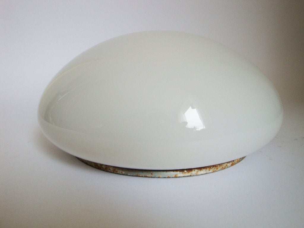 wit glas halfrond plafonnière, drgm scharnier antiek metaal, Gebruikt, 24 cm, Glas, Wit