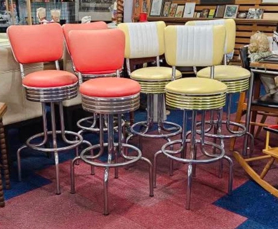 Zeldzame set van 6 vintage barkrukken Bel Air  jaren 50/60, Ophalen, Met voetsteun, 90 cm of meer, Leer