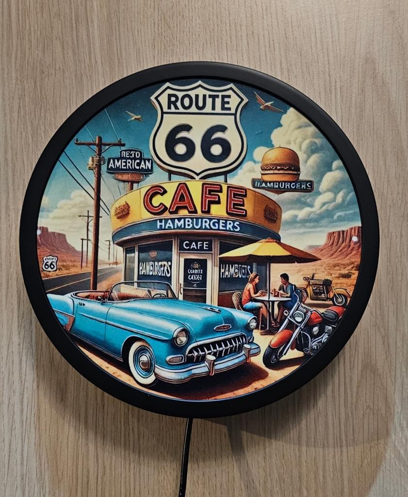 Route 66 Reclamebord met Ledverlichting - 20 cm, Ophalen of Verzenden, Reclamebord