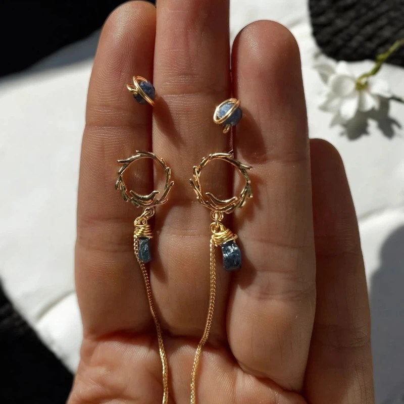 Saffier oorbellen setje , zilver 925 verguld met 14k goud, Hangers, Blauw, Nieuw, Ophalen of Verzenden