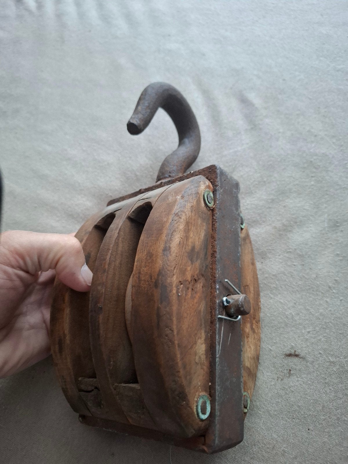 Antieke houten katrol met ijzeren haak, Ophalen of Verzenden
