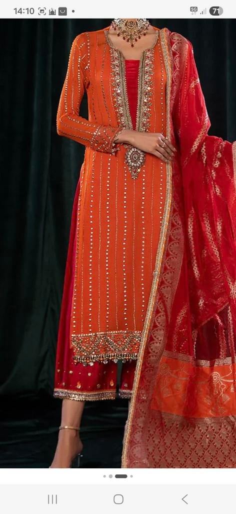 Khuda Baks Pakistaanse Shalwar Kameez - Zo goed als nieuw, Kleding | Dames, Maat 38/40 (M), Khuda Baks, Oranje, Ophalen of Verzenden