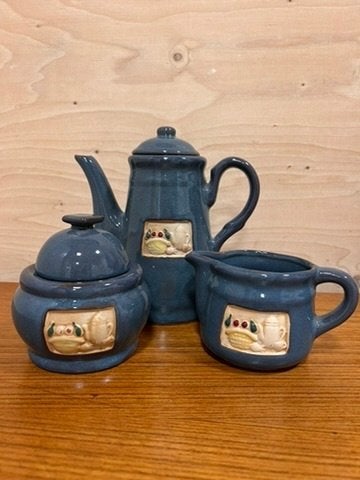 Brocante keramiek koffiepot melk suiker blauw, Keramiek, Overige typen, Vintage, Ophalen of Verzenden