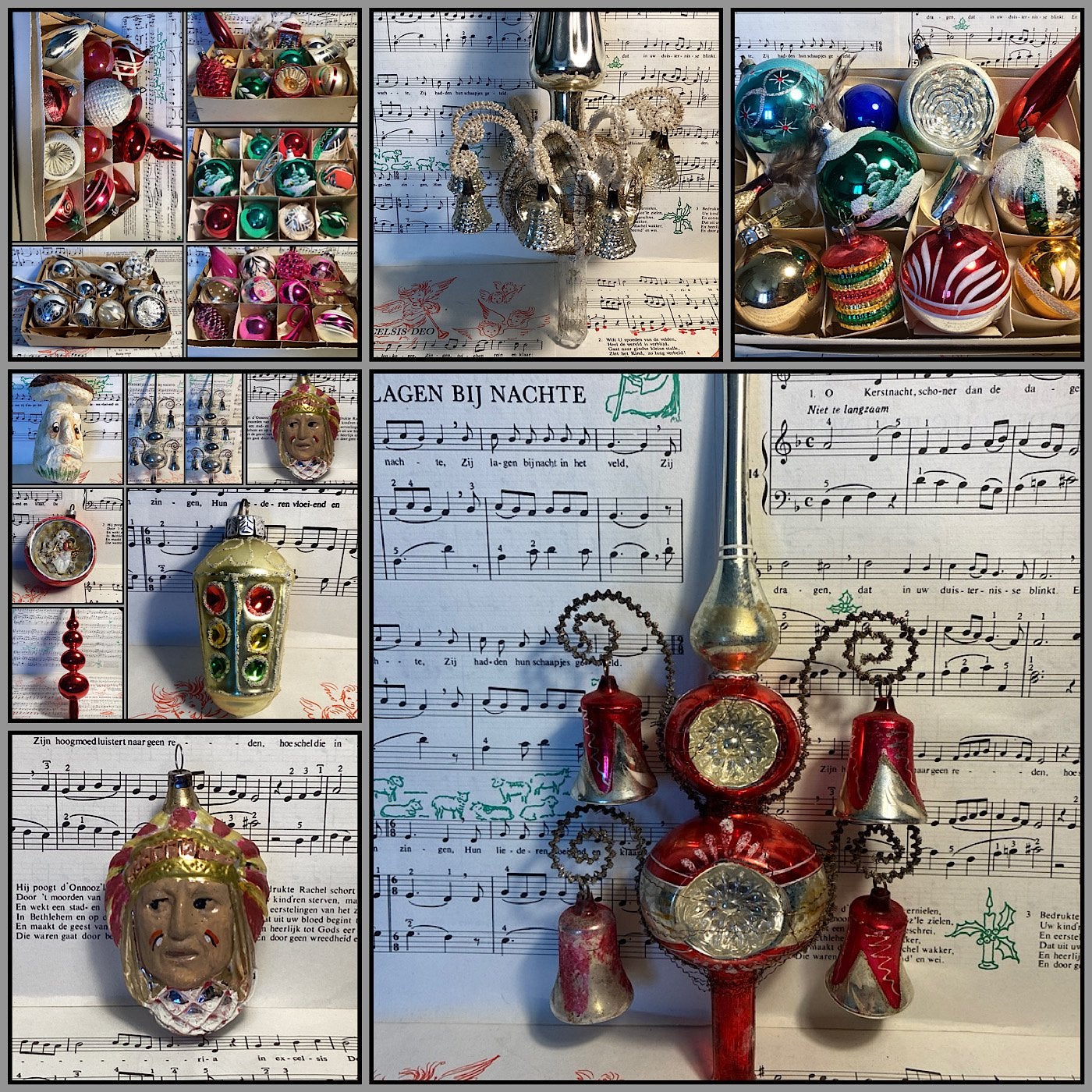 Oude kerstballen, pieken,verzameldozen,losse kerstbalfiguren, Ophalen of Verzenden, Gebruikt